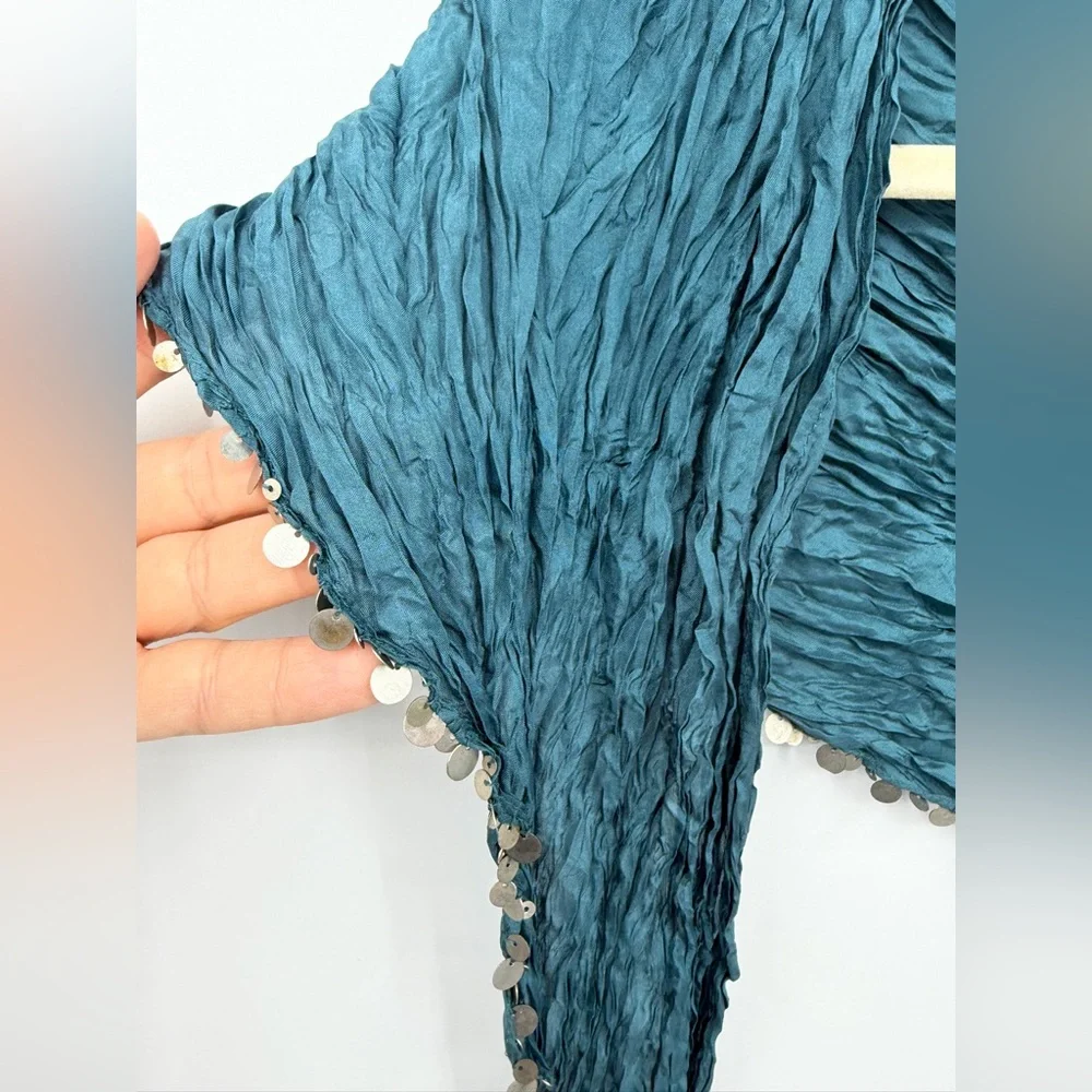 Coldwater creek scarf teal‎ 100% silk embellishment silver sequins trim